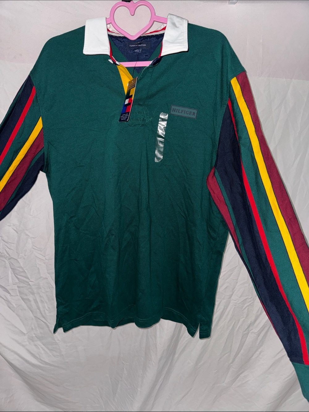 Tommy Hilfiger men’s Green Long-Sleeve Rugby Shirt with Multicolor Stripes